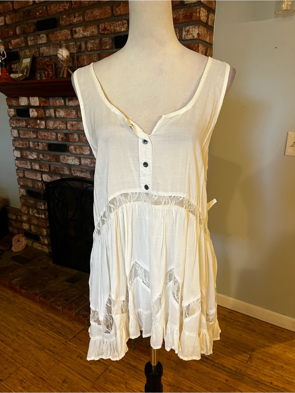Free People Cream Sleeveless Lace-Trim Tunic